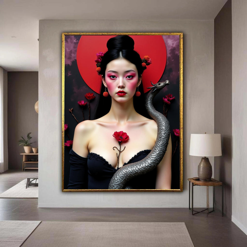 Elegant Geisha Woman with Red Floral Accents and Dragon Sculpture, Asian Inspired Canvas Wall Art, Modern Portrait Gift Art, Home Decor