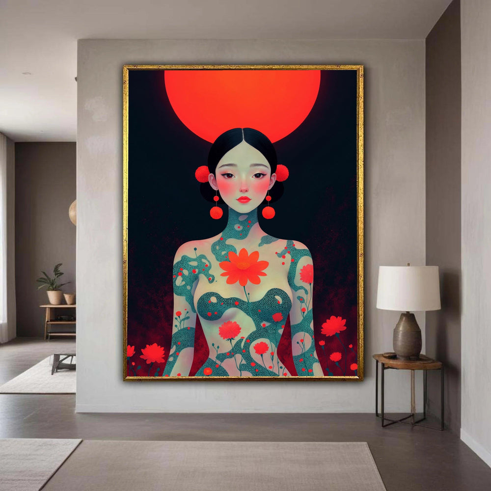 Ethereal Floral Woman Portrait Canvas, Red Moon Wall Art, Modern Surrealism Canvas, Fantasy Female Figure, Botanical Gift Art, Home Decor