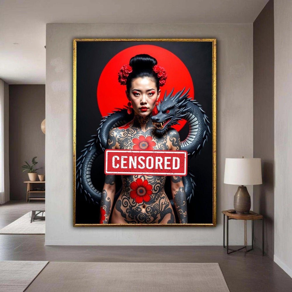 Asian Woman with Red Floral Tattoos and Black Dragon Art, Bold Tattoo Canvas, Red Sun Backdrop Wall Art, Modern Gift Art, Home Decor
