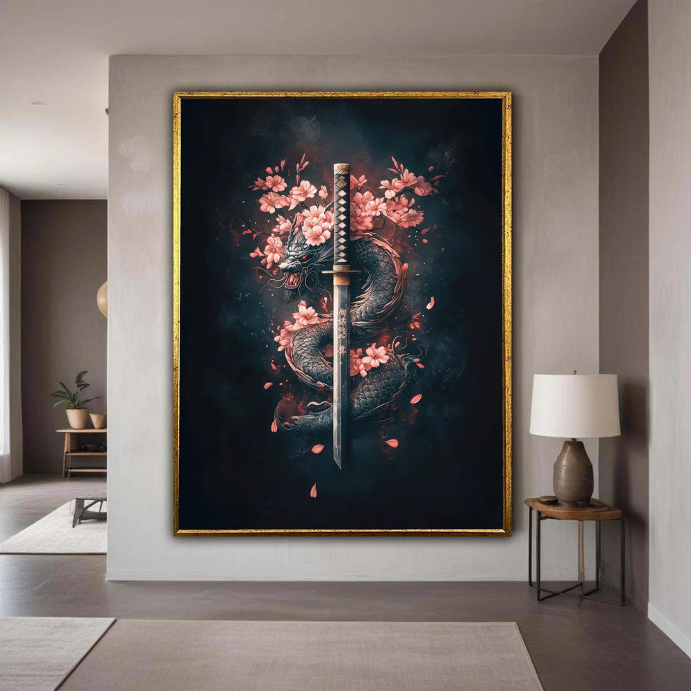 Japanese Katana Sword with Dragon and Cherry Blossoms Canvas, Samurai Wall Art, Asian Mythology Decor, Martial Arts Gift Art, Home Decor