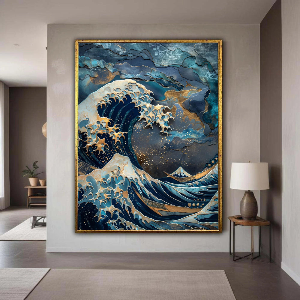 Majestic Ocean Wave Canvas Wall Art, Abstract Sea Waves Painting, Nautical Blue Gold Art, Coastal Home Decoration, Gift Art, Home Decor