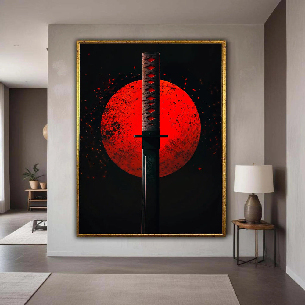 Samurai Katana Sword Canvas, Red Moon Background Wall Art, Japanese Warrior Decor, Modern Canvas Print, Home Office Gift Art, Home Decor