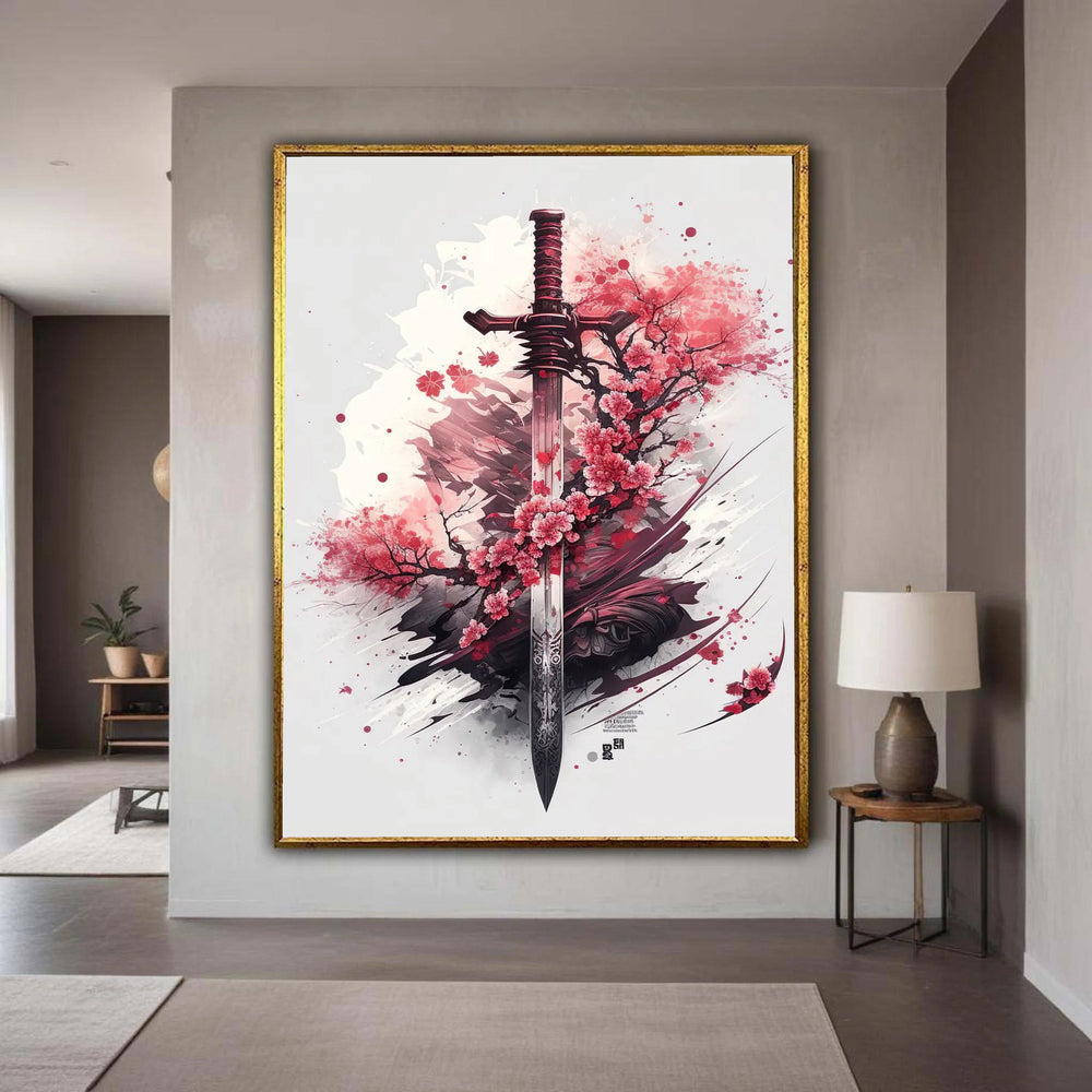 Elegant Samurai Sword Canvas Art, Cherry Blossom Wall Decor, Japanese Flower and Katana Canvas, Modern Asian Inspired Gift Art, Home Decor