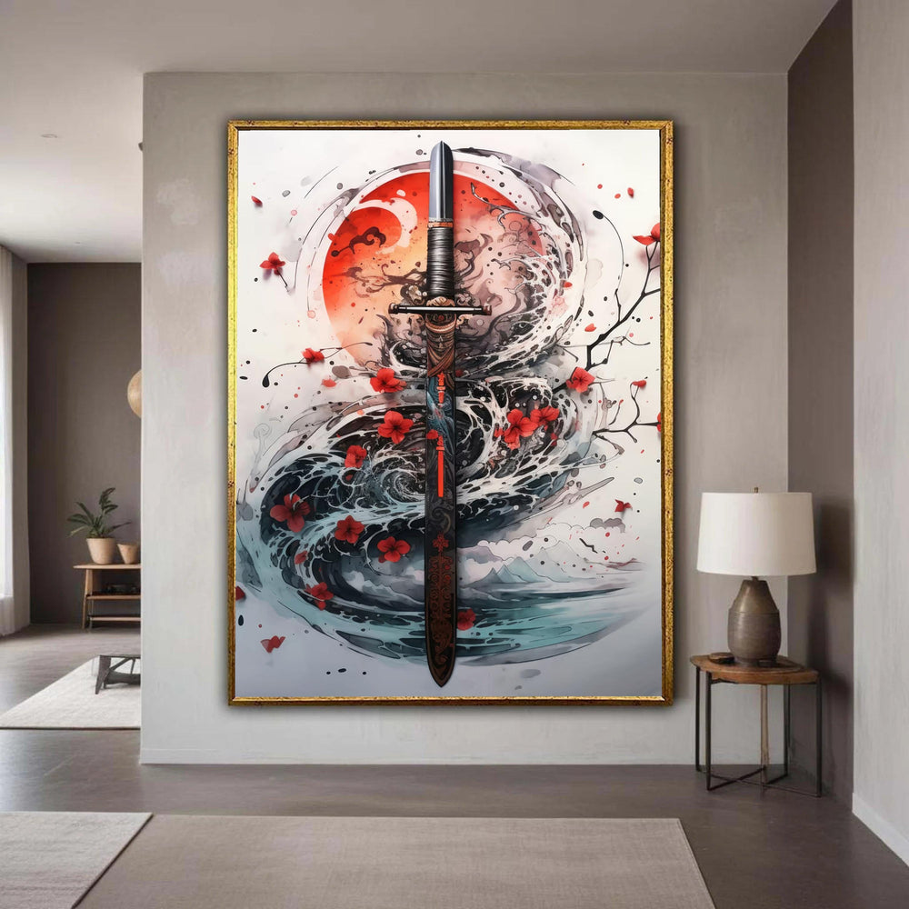 Samurai Sword Canvas Wall Art, Japanese Katana Painting, Red Sun and Cherry Blossoms, Japanese Weapon Art, Oriental Gift Art, Home Decor