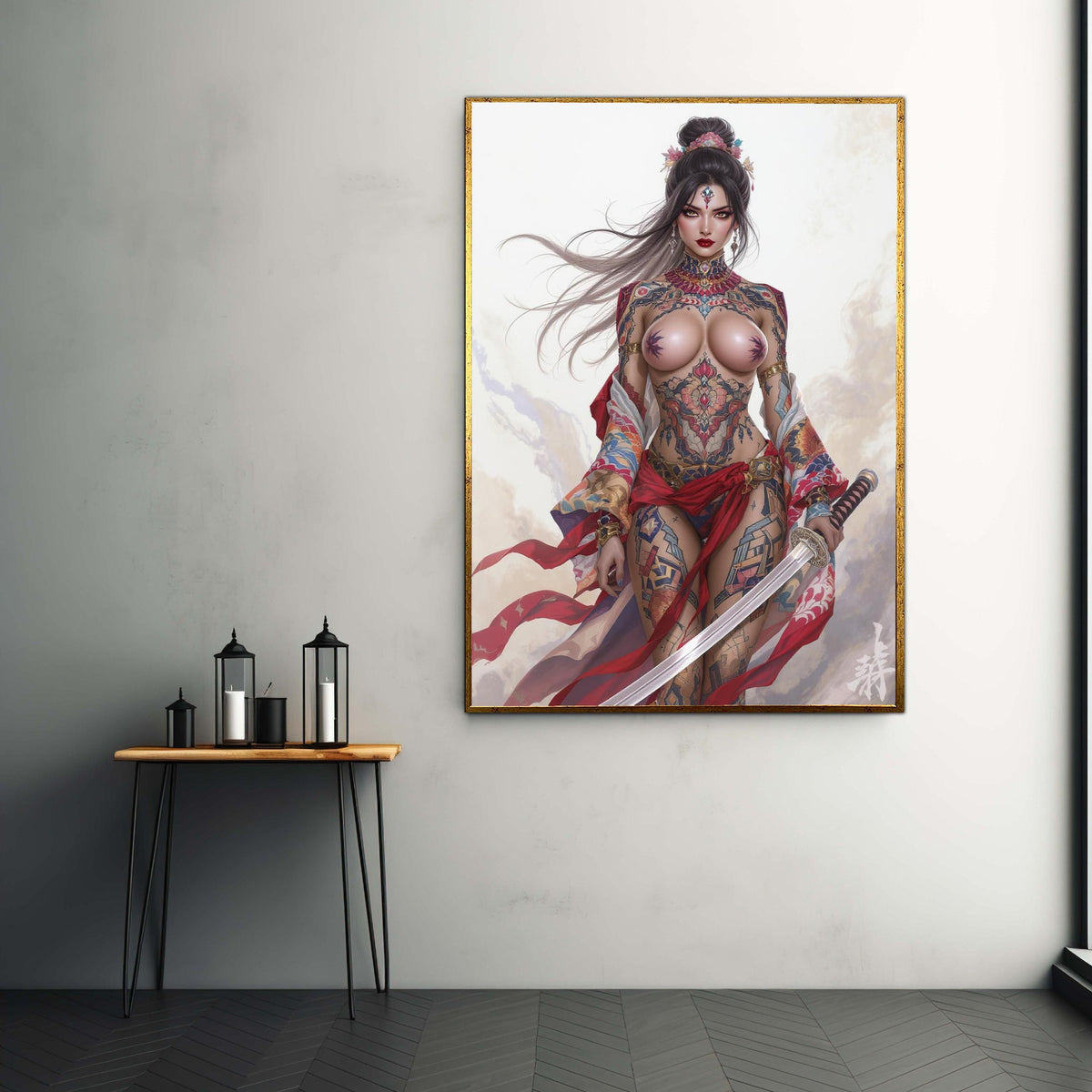 Fierce Tattooed Warrior Woman Canvas, Japanese Sword Art, Fantasy Female Warrior Wall Art, Tattoo Body Art Decoration, Gift Art, Home Decor