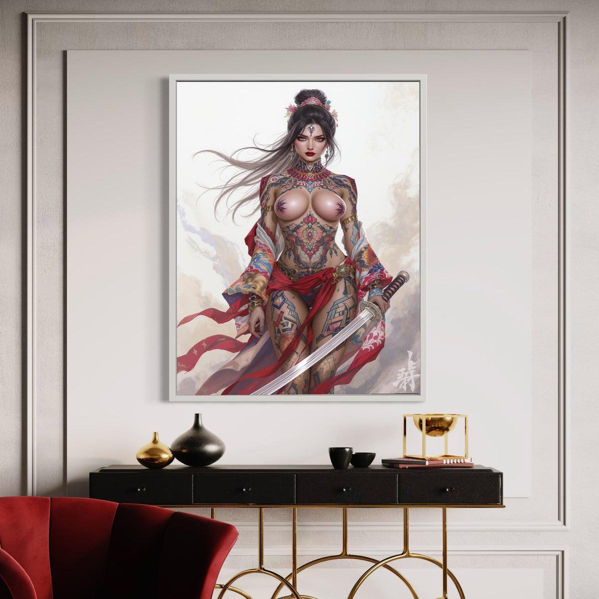 Fierce Tattooed Warrior Woman Canvas, Japanese Sword Art, Fantasy Female Warrior Wall Art, Tattoo Body Art Decoration, Gift Art, Home Decor