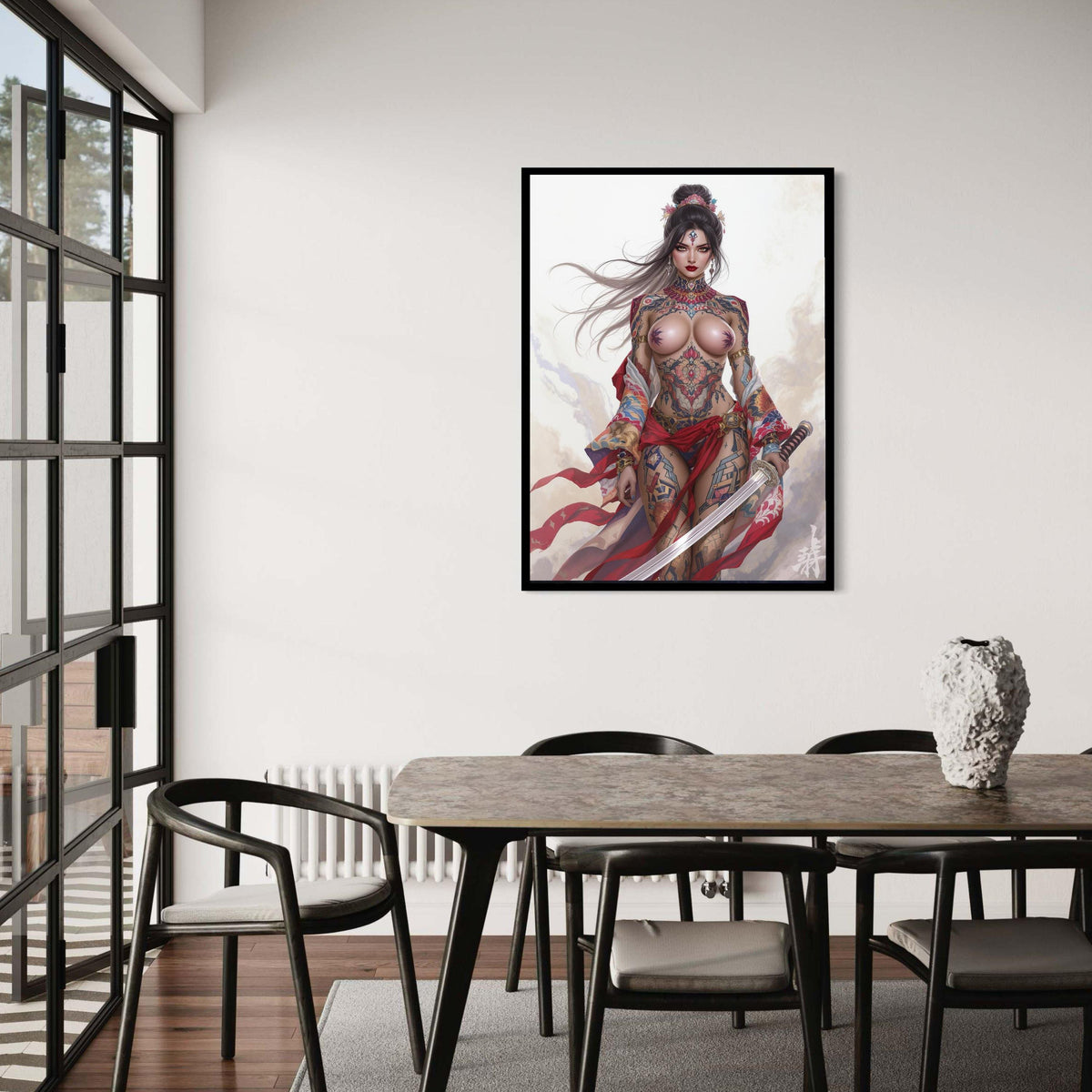 Fierce Tattooed Warrior Woman Canvas, Japanese Sword Art, Fantasy Female Warrior Wall Art, Tattoo Body Art Decoration, Gift Art, Home Decor
