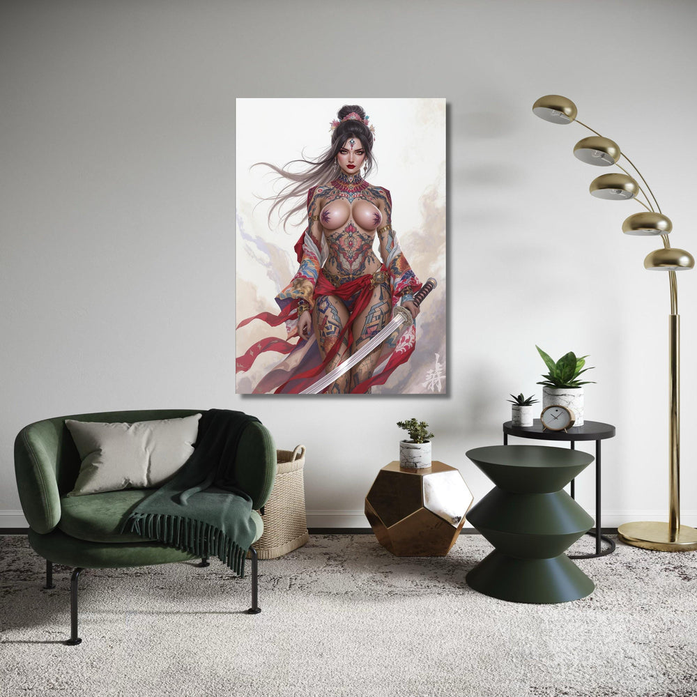 Fierce Tattooed Warrior Woman Canvas, Japanese Sword Art, Fantasy Female Warrior Wall Art, Tattoo Body Art Decoration, Gift Art, Home Decor
