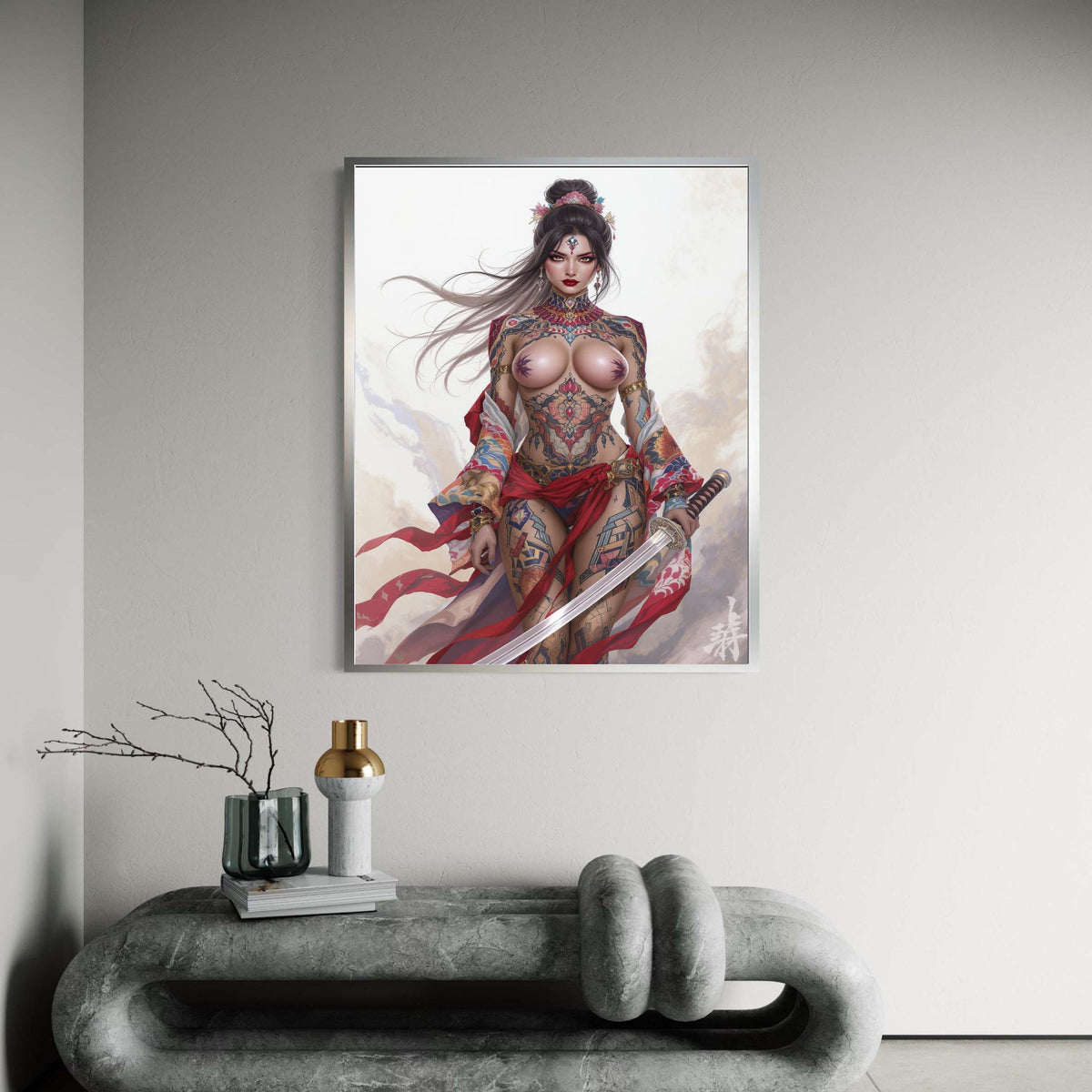 Fierce Tattooed Warrior Woman Canvas, Japanese Sword Art, Fantasy Female Warrior Wall Art, Tattoo Body Art Decoration, Gift Art, Home Decor