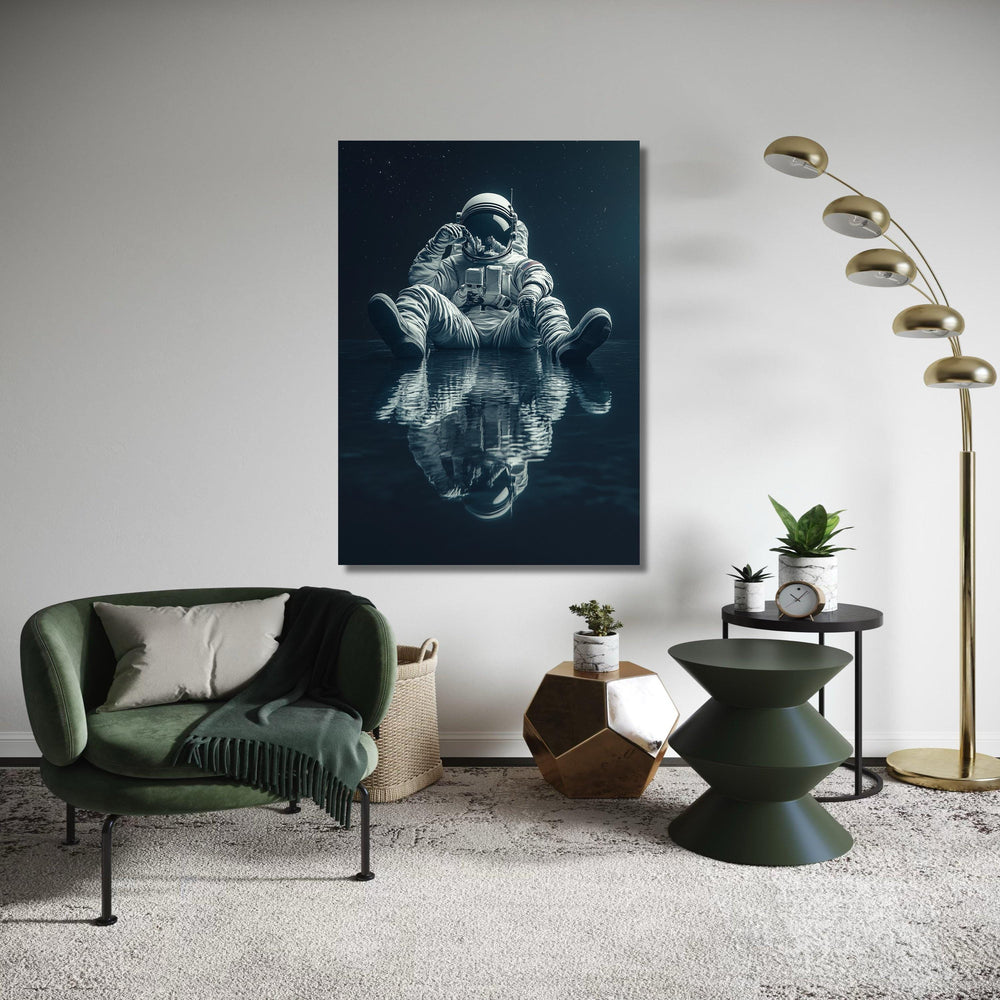 Reflective Astronaut Sitting Meditation Canvas, Space Exploration Wall Art, Galaxy Stars Home Decor, Modern Sci-Fi Gift Art, Home Decor