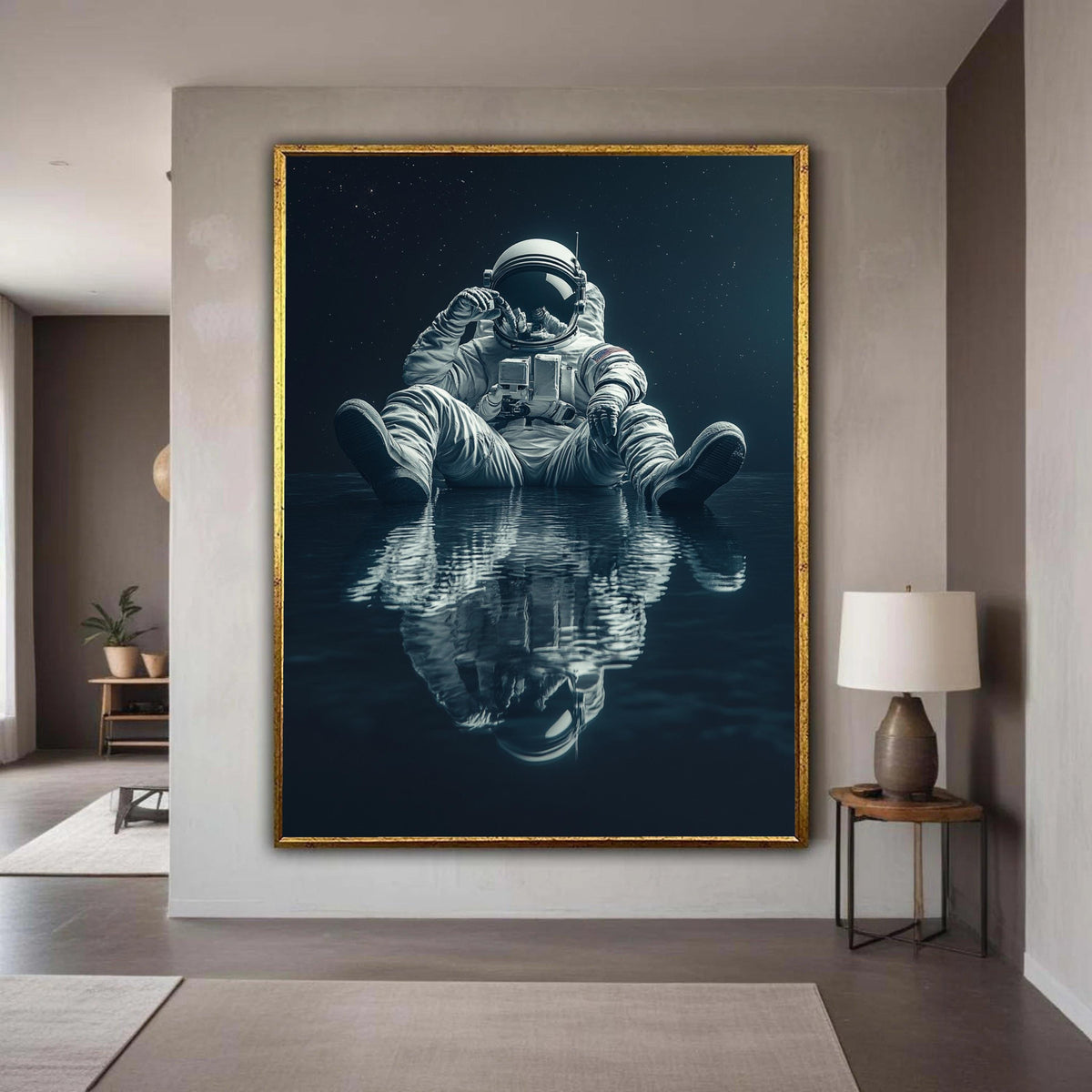 Reflective Astronaut Sitting Meditation Canvas, Space Exploration Wall Art, Galaxy Stars Home Decor, Modern Sci-Fi Gift Art, Home Decor
