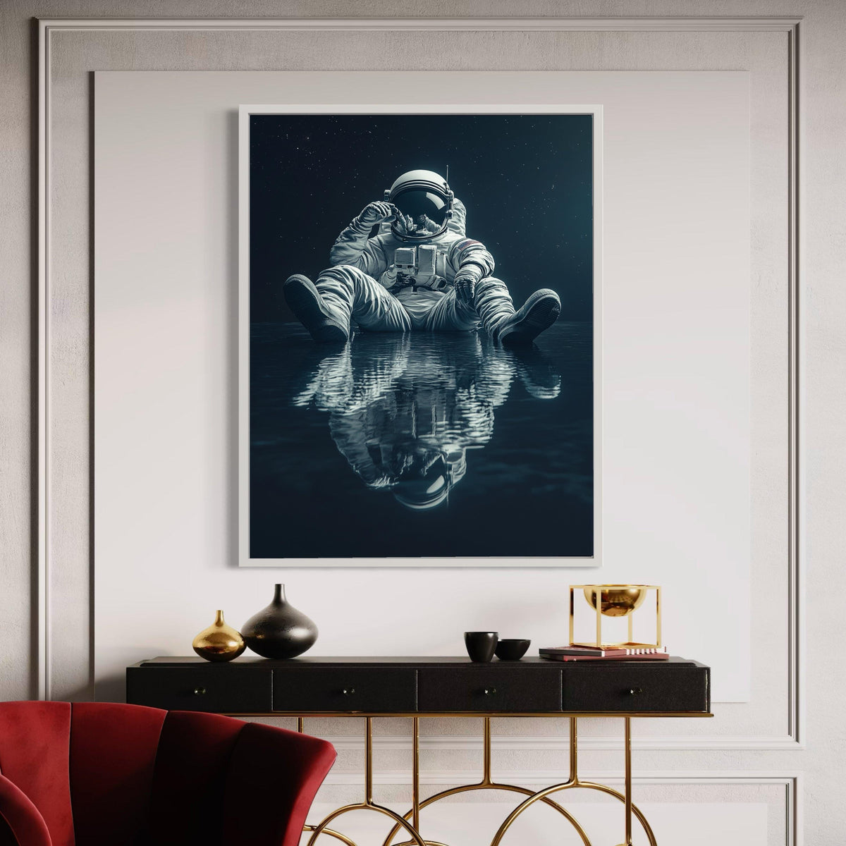 Reflective Astronaut Sitting Meditation Canvas, Space Exploration Wall Art, Galaxy Stars Home Decor, Modern Sci-Fi Gift Art, Home Decor