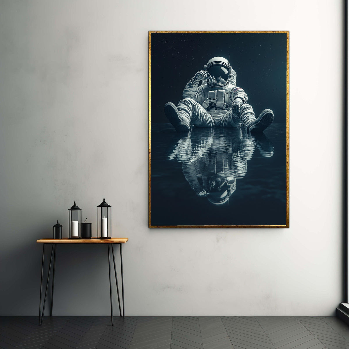 Reflective Astronaut Sitting Meditation Canvas, Space Exploration Wall Art, Galaxy Stars Home Decor, Modern Sci-Fi Gift Art, Home Decor