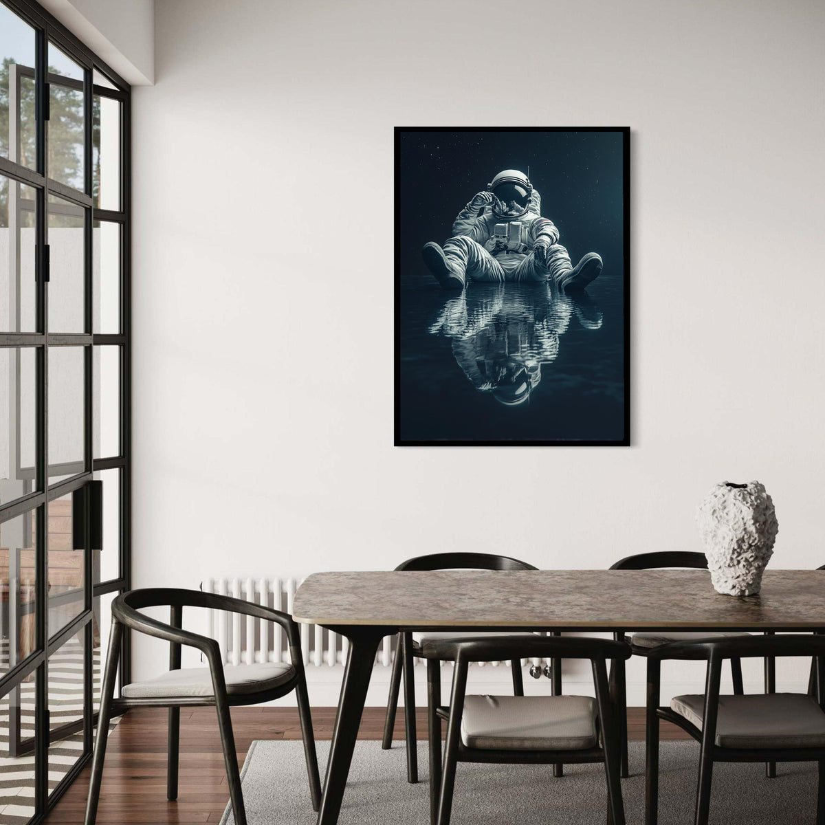 Reflective Astronaut Sitting Meditation Canvas, Space Exploration Wall Art, Galaxy Stars Home Decor, Modern Sci-Fi Gift Art, Home Decor