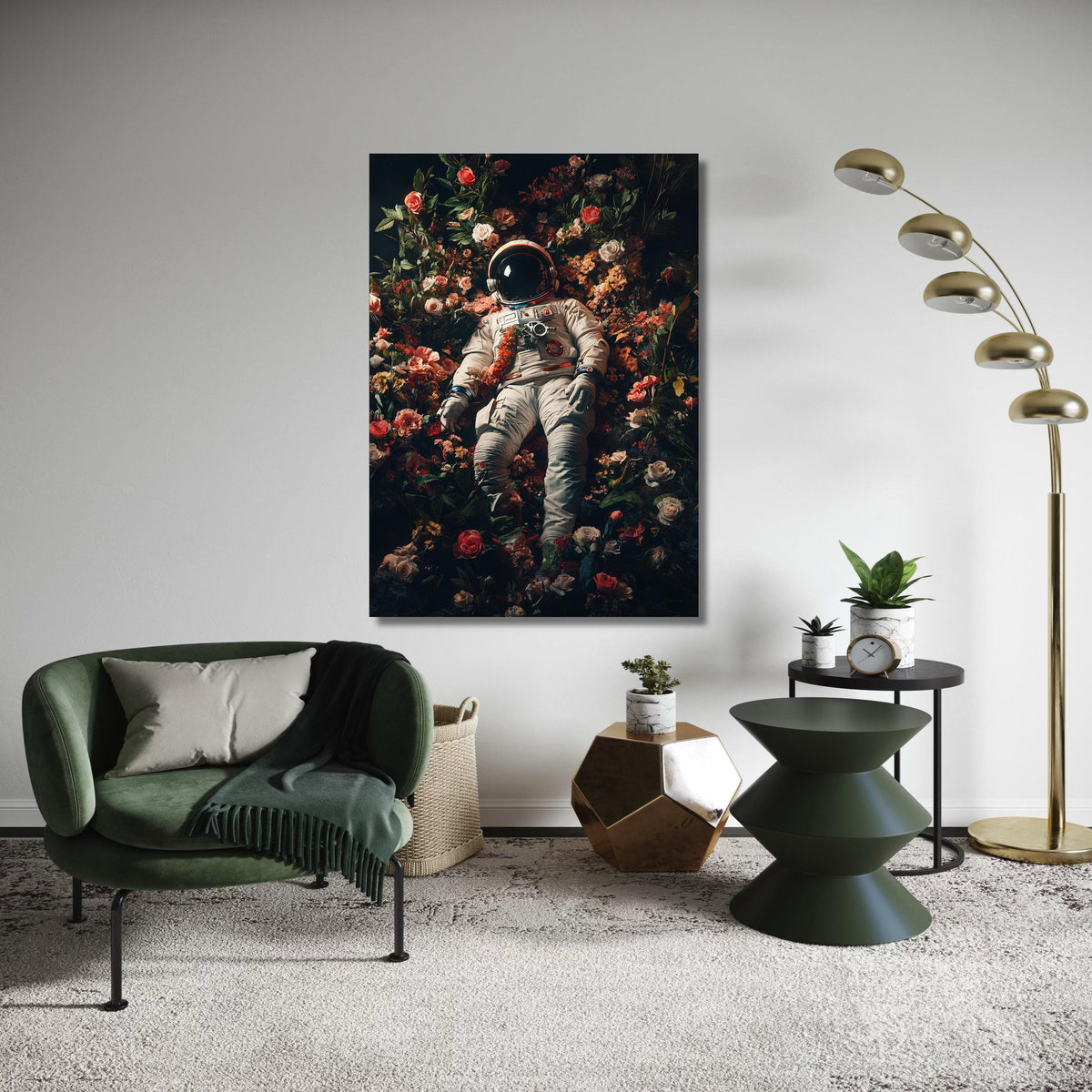 Surreal Astronaut in Bloom, Space and Flowers Canvas Wall Art, Cosmic Flora Decoration, Modern Abstract Canvas, Unique Gift Art, Home Decor