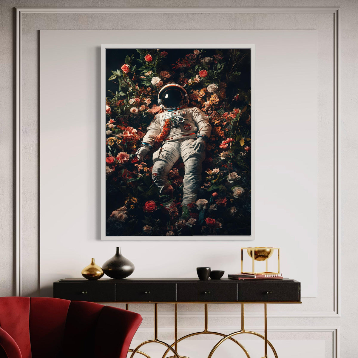 Surreal Astronaut in Bloom, Space and Flowers Canvas Wall Art, Cosmic Flora Decoration, Modern Abstract Canvas, Unique Gift Art, Home Decor