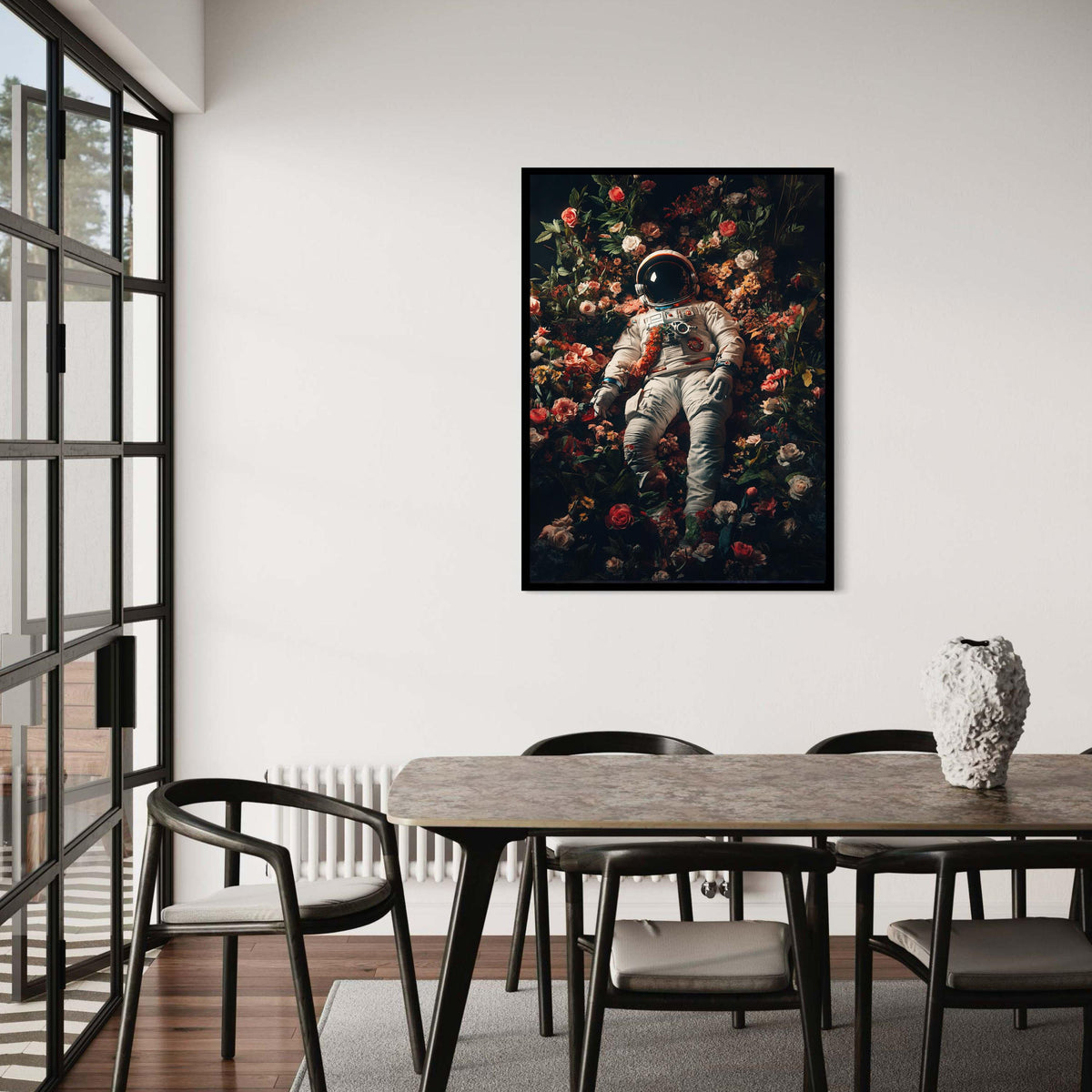 Surreal Astronaut in Bloom, Space and Flowers Canvas Wall Art, Cosmic Flora Decoration, Modern Abstract Canvas, Unique Gift Art, Home Decor