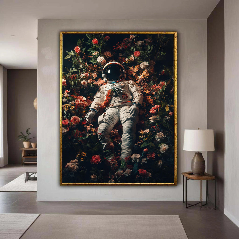 Surreal Astronaut in Bloom, Space and Flowers Canvas Wall Art, Cosmic Flora Decoration, Modern Abstract Canvas, Unique Gift Art, Home Decor