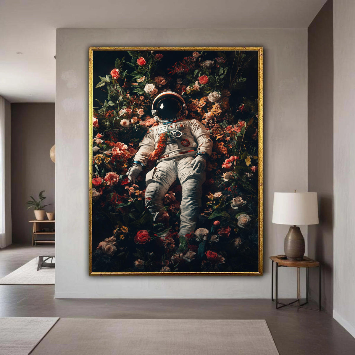 Surreal Astronaut in Bloom, Space and Flowers Canvas Wall Art, Cosmic Flora Decoration, Modern Abstract Canvas, Unique Gift Art, Home Decor