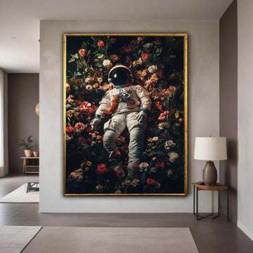 Surreal Astronaut in Bloom, Space and Flowers Canvas Wall Art, Cosmic Flora Decoration, Modern Abstract Canvas, Unique Gift Art, Home Decor