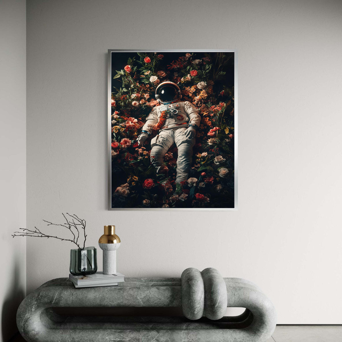 Surreal Astronaut in Bloom, Space and Flowers Canvas Wall Art, Cosmic Flora Decoration, Modern Abstract Canvas, Unique Gift Art, Home Decor
