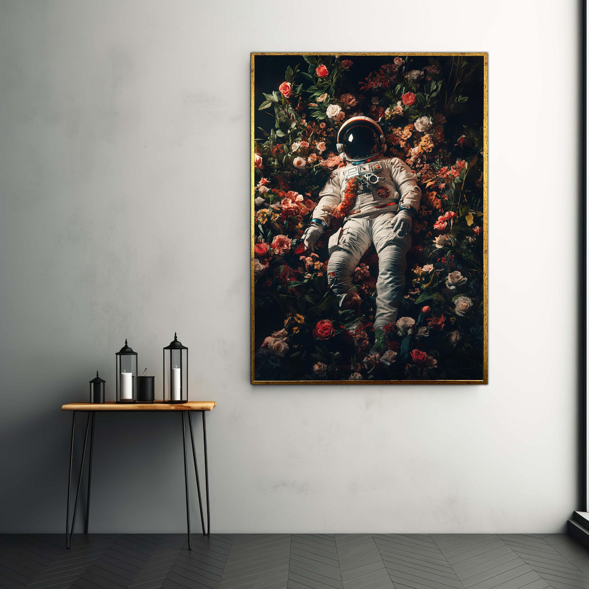Surreal Astronaut in Bloom, Space and Flowers Canvas Wall Art, Cosmic Flora Decoration, Modern Abstract Canvas, Unique Gift Art, Home Decor
