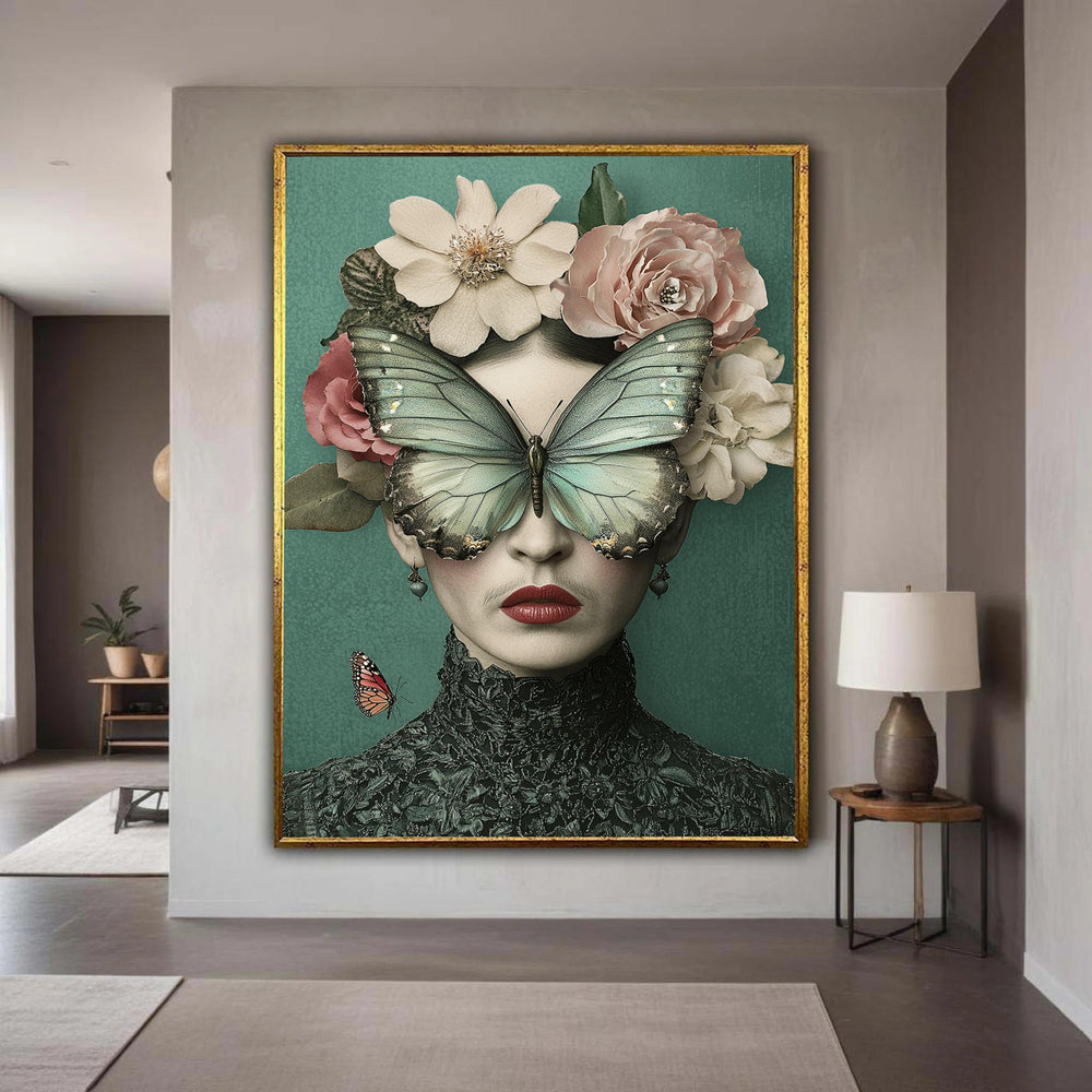 Frida Kahlo Inspired Portrait Canvas, Surreal Butterfly Face Art, Floral Crown Wall Decor, Feminine Vintage Style Gift Art, Home Decor