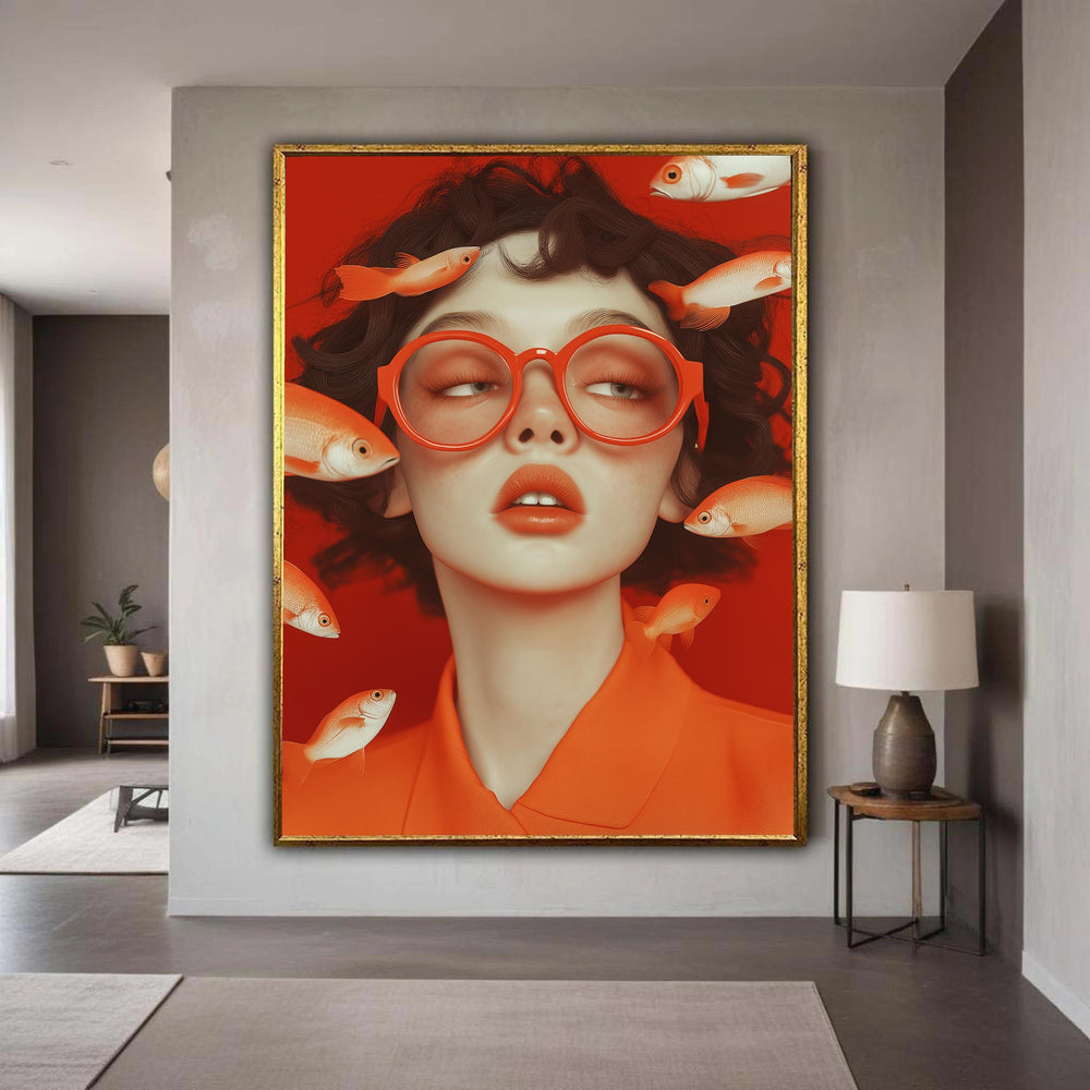 Surreal Portrait with Goldfish, Abstract Red Canvas Wall Art, Modern Face Painting, Contemporary Home Décor, Unique Pop Gift Art, Home Decor