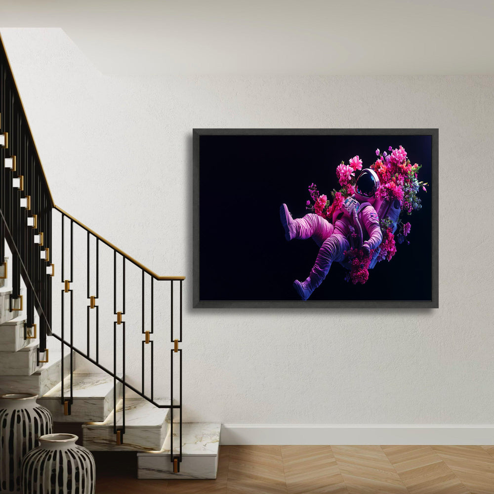 Vibrant Astronaut Floating with Flowers Canvas, Space Floral Art, Modern Surreal Wall Decor, Colorful Cosmic Canvas, Gift Art, Home Decor