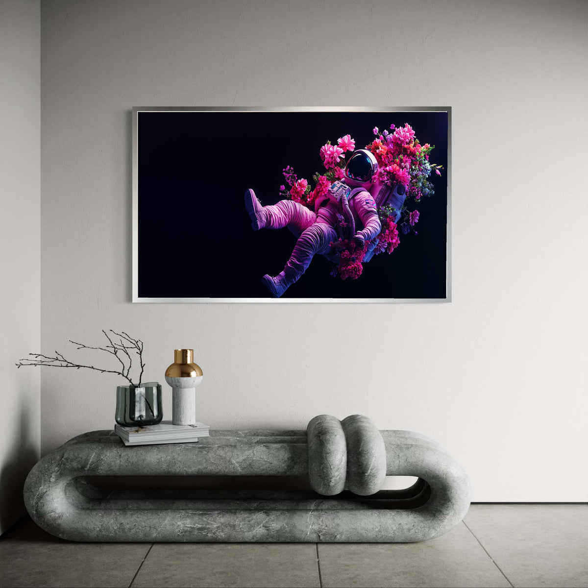 Vibrant Astronaut Floating with Flowers Canvas, Space Floral Art, Modern Surreal Wall Decor, Colorful Cosmic Canvas, Gift Art, Home Decor