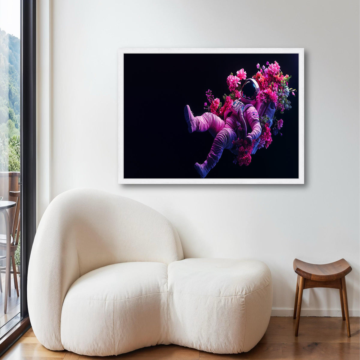 Vibrant Astronaut Floating with Flowers Canvas, Space Floral Art, Modern Surreal Wall Decor, Colorful Cosmic Canvas, Gift Art, Home Decor