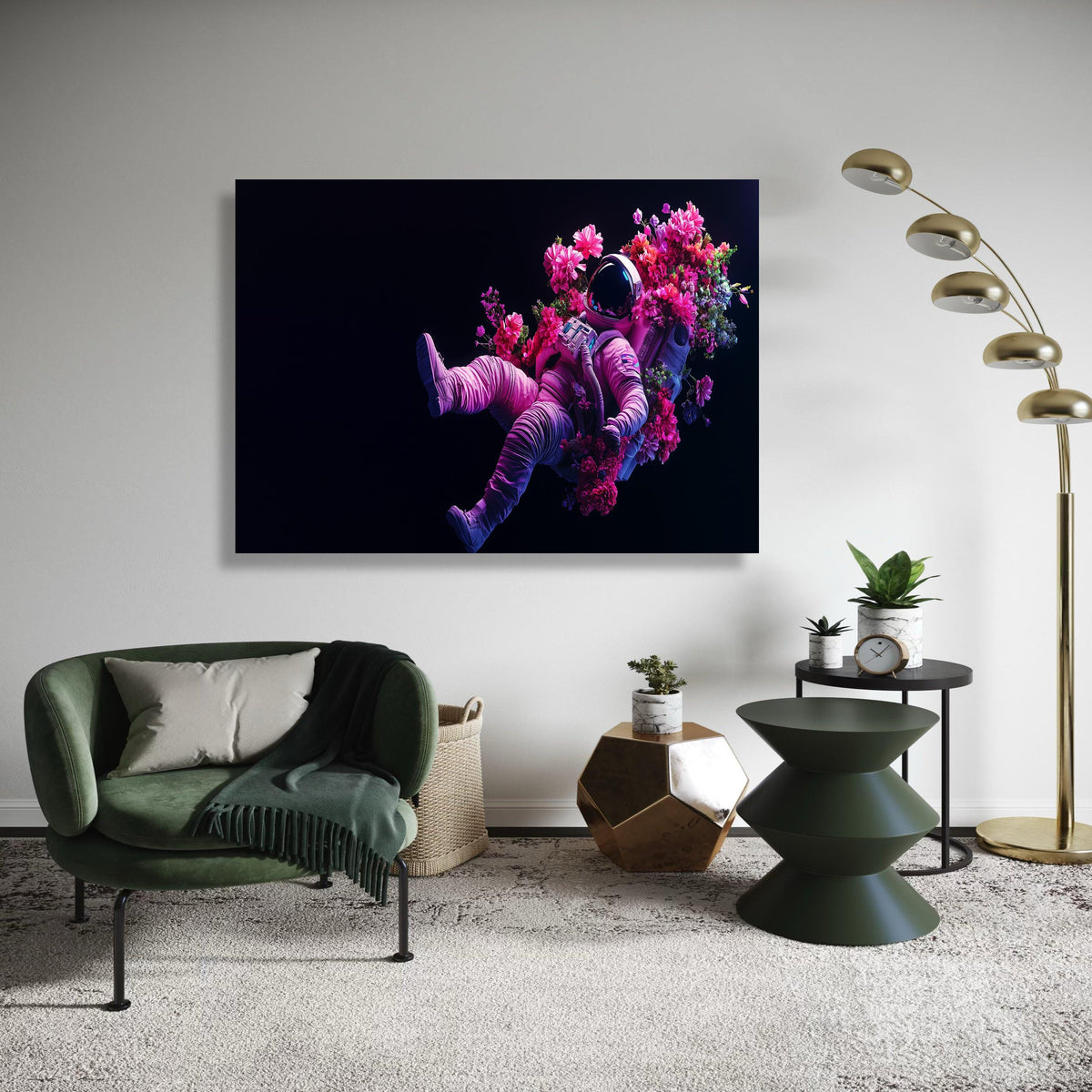 Vibrant Astronaut Floating with Flowers Canvas, Space Floral Art, Modern Surreal Wall Decor, Colorful Cosmic Canvas, Gift Art, Home Decor