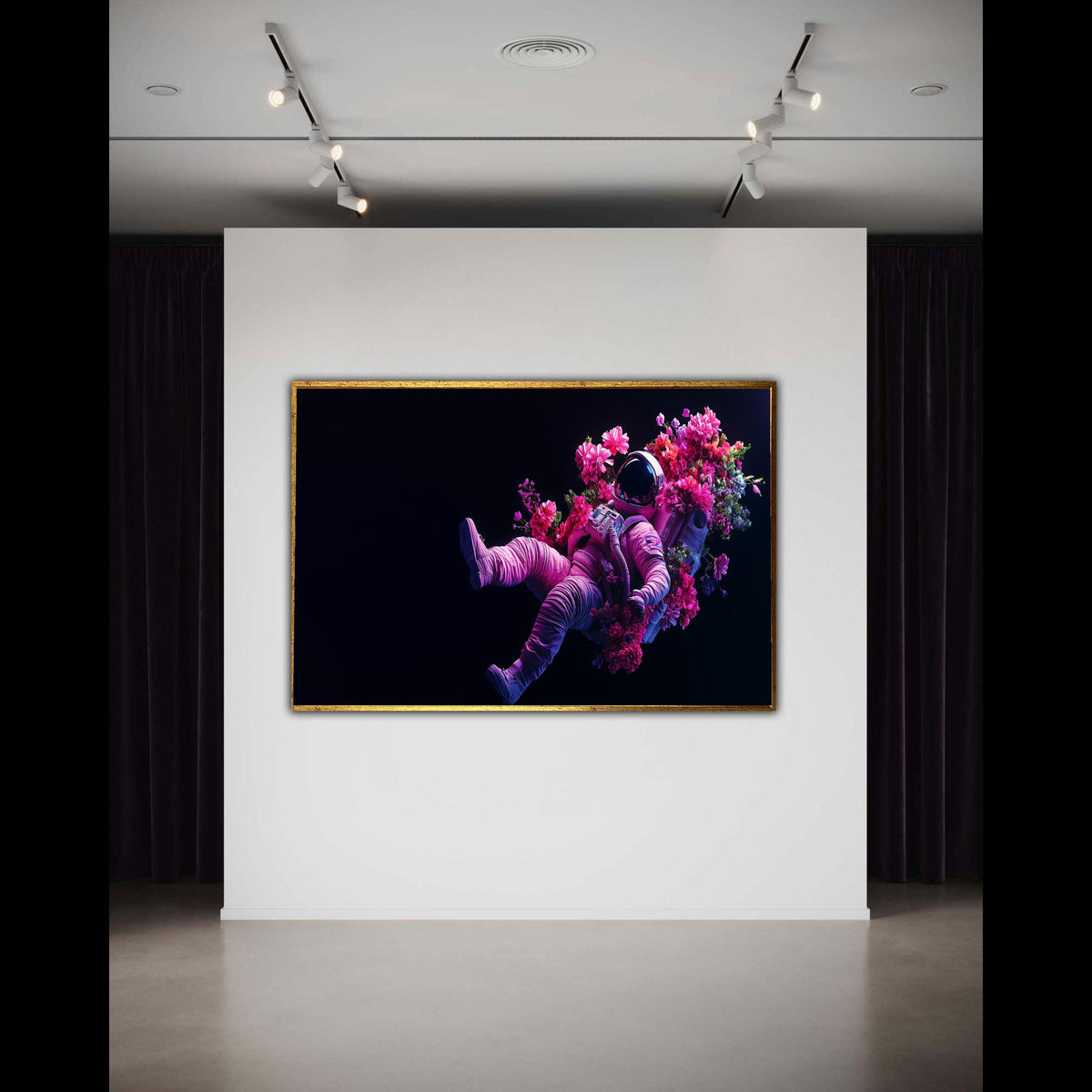Vibrant Astronaut Floating with Flowers Canvas, Space Floral Art, Modern Surreal Wall Decor, Colorful Cosmic Canvas, Gift Art, Home Decor