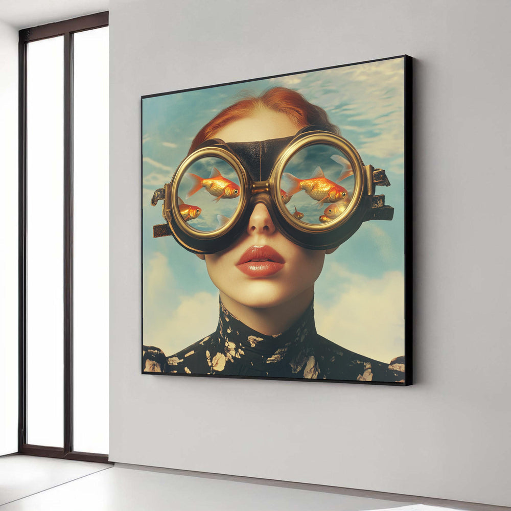 Surreal Woman with Vintage Goggles and Goldfish Canvas, Contemporary Art Wall Decor, Fantasy Portrait Canvas, Unique Gift Art, Home Decor