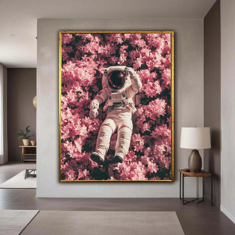 Astronaut Relaxing in Pink Flowers Canvas, Surreal Space Wall Art, Floral and Space Decor, Unique Home Decoration, Gift Art, Home Decor