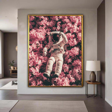 Astronaut Relaxing in Pink Flowers Canvas, Surreal Space Wall Art, Floral and Space Decor, Unique Home Decoration, Gift Art, Home Decor