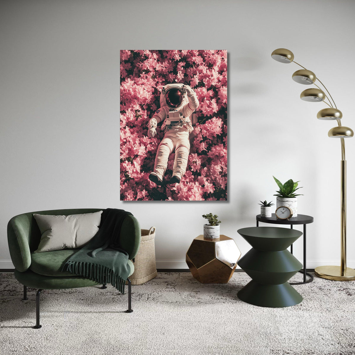 Astronaut Relaxing in Pink Flowers Canvas, Surreal Space Wall Art, Floral and Space Decor, Unique Home Decoration, Gift Art, Home Decor