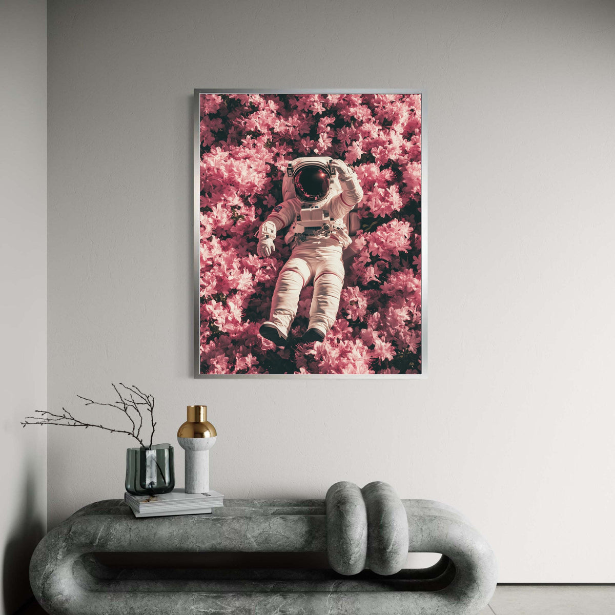 Astronaut Relaxing in Pink Flowers Canvas, Surreal Space Wall Art, Floral and Space Decor, Unique Home Decoration, Gift Art, Home Decor