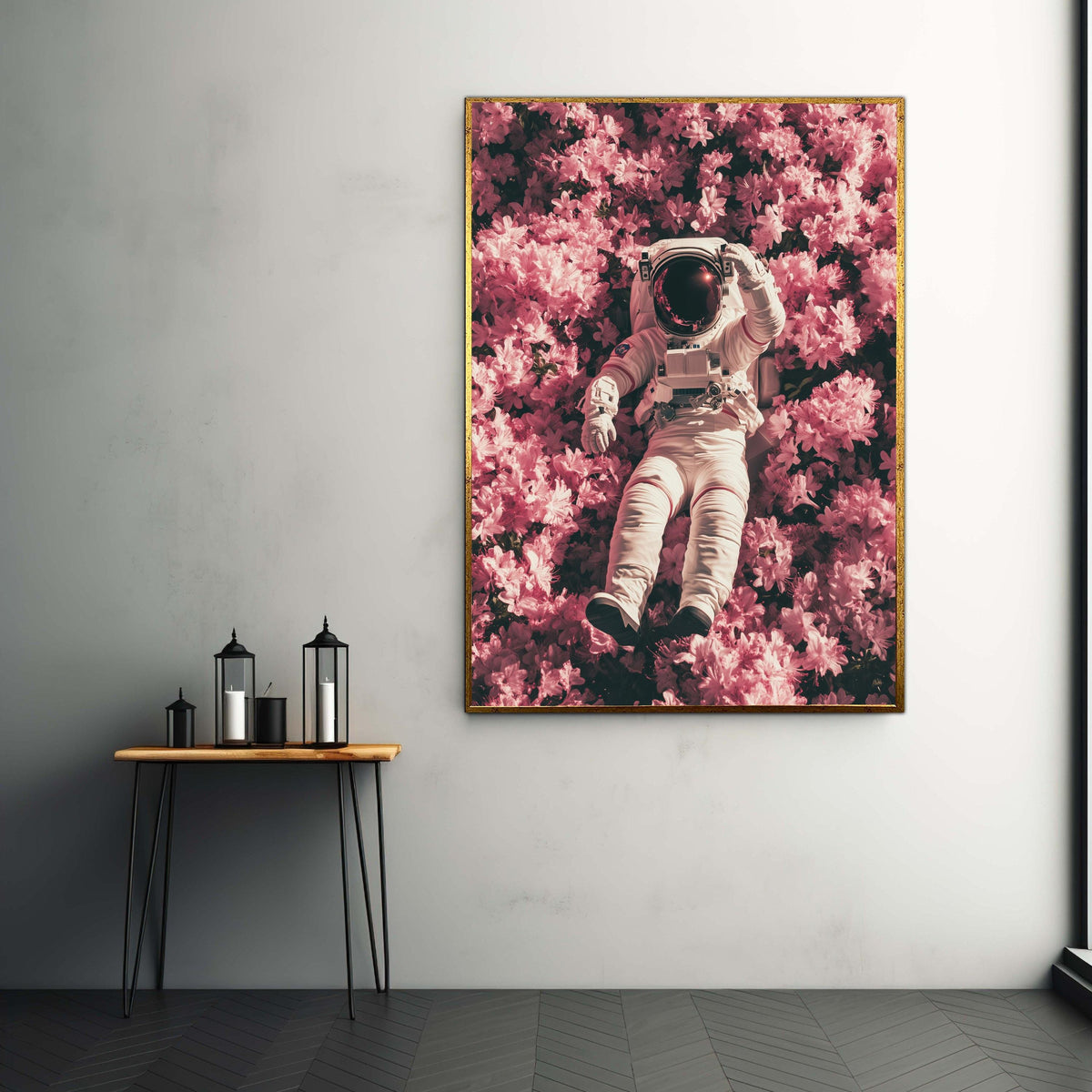 Astronaut Relaxing in Pink Flowers Canvas, Surreal Space Wall Art, Floral and Space Decor, Unique Home Decoration, Gift Art, Home Decor
