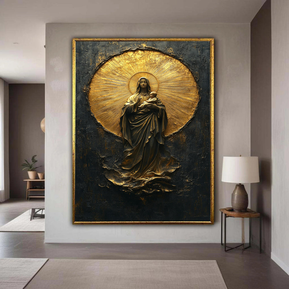 Mary and Baby Jesus Canvas Wall Art, Religious Christian Decor, Gold Halo Sacred Art, Spiritual Canvas Painting, Gift Art, Home Decor