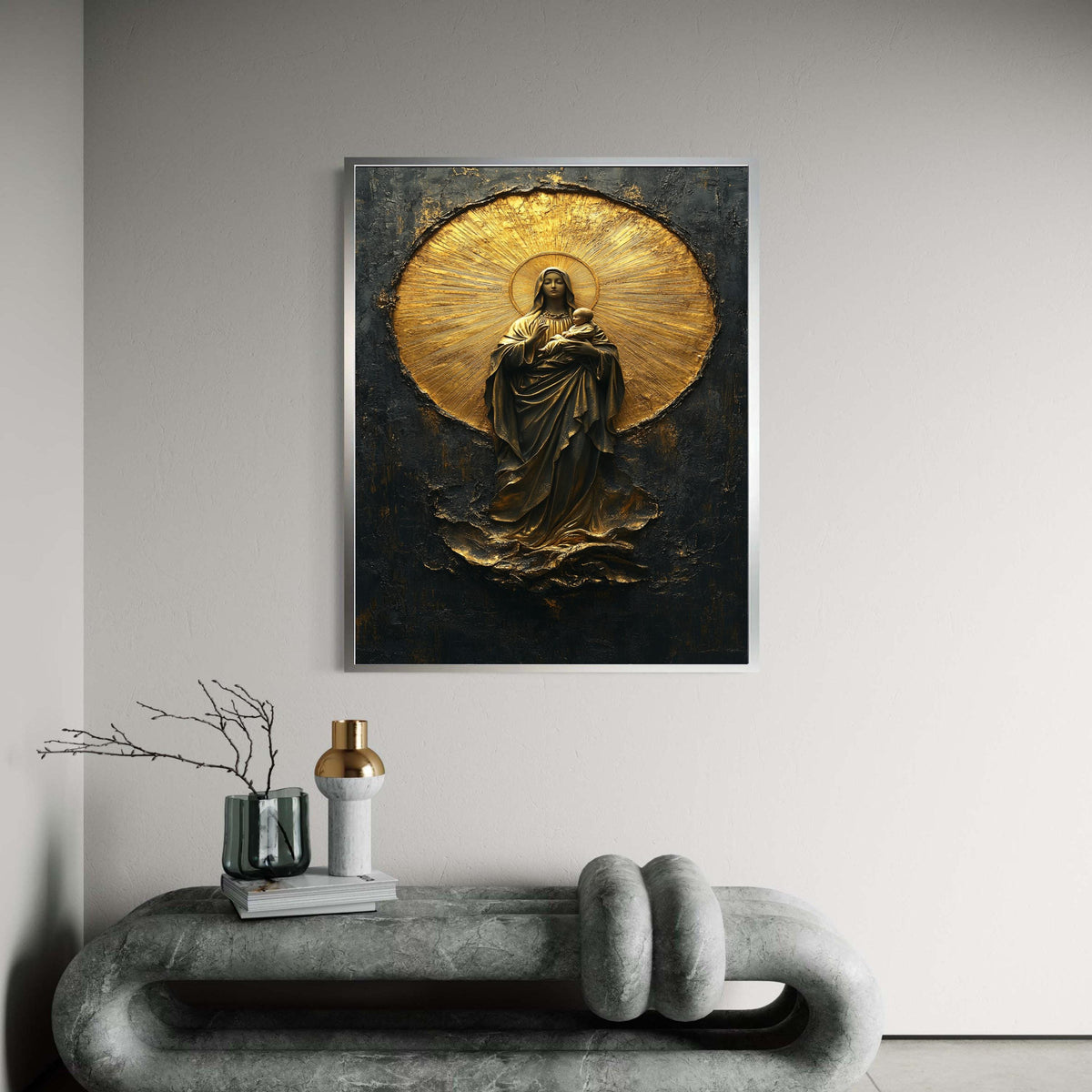 Mary and Baby Jesus Canvas Wall Art, Religious Christian Decor, Gold Halo Sacred Art, Spiritual Canvas Painting, Gift Art, Home Decor