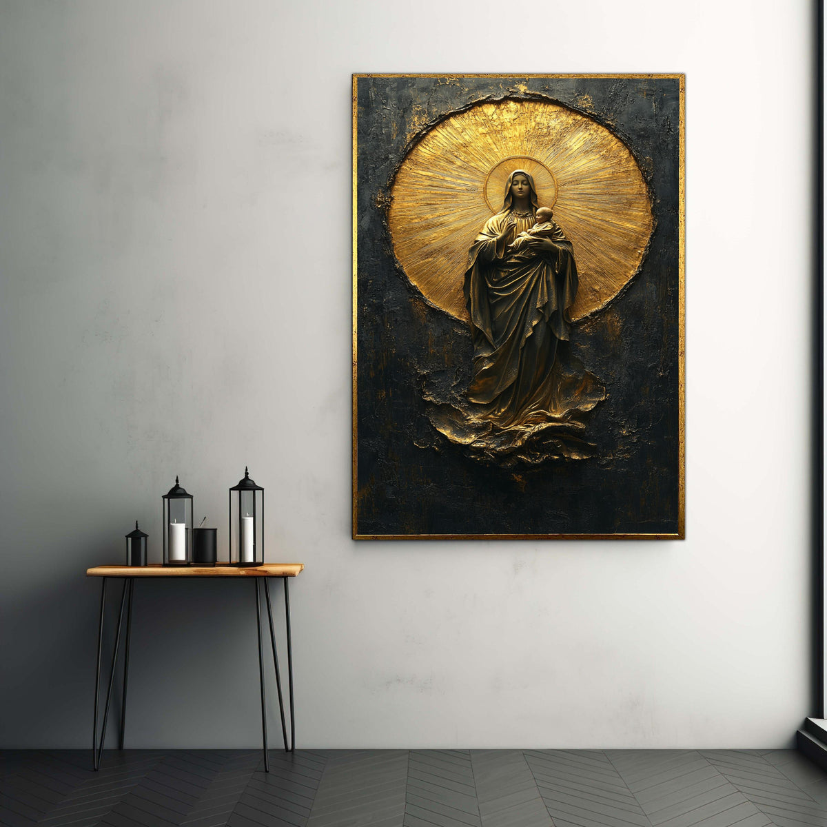 Mary and Baby Jesus Canvas Wall Art, Religious Christian Decor, Gold Halo Sacred Art, Spiritual Canvas Painting, Gift Art, Home Decor