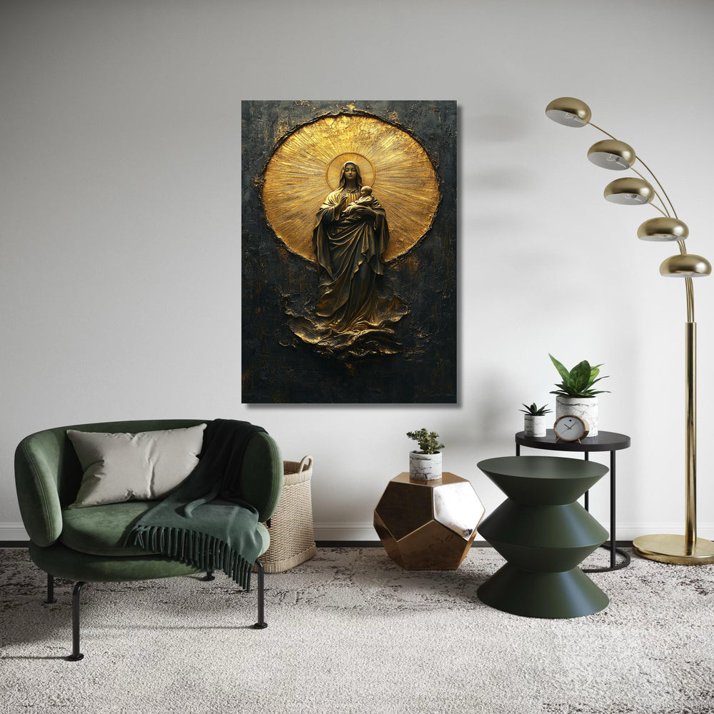 Mary and Baby Jesus Canvas Wall Art, Religious Christian Decor, Gold Halo Sacred Art, Spiritual Canvas Painting, Gift Art, Home Decor