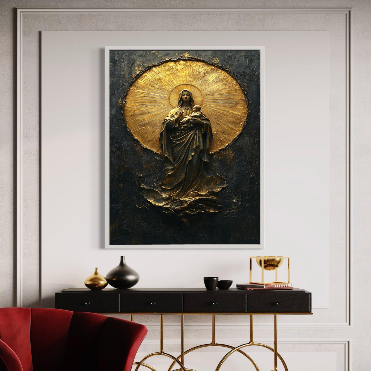 Mary and Baby Jesus Canvas Wall Art, Religious Christian Decor, Gold Halo Sacred Art, Spiritual Canvas Painting, Gift Art, Home Decor