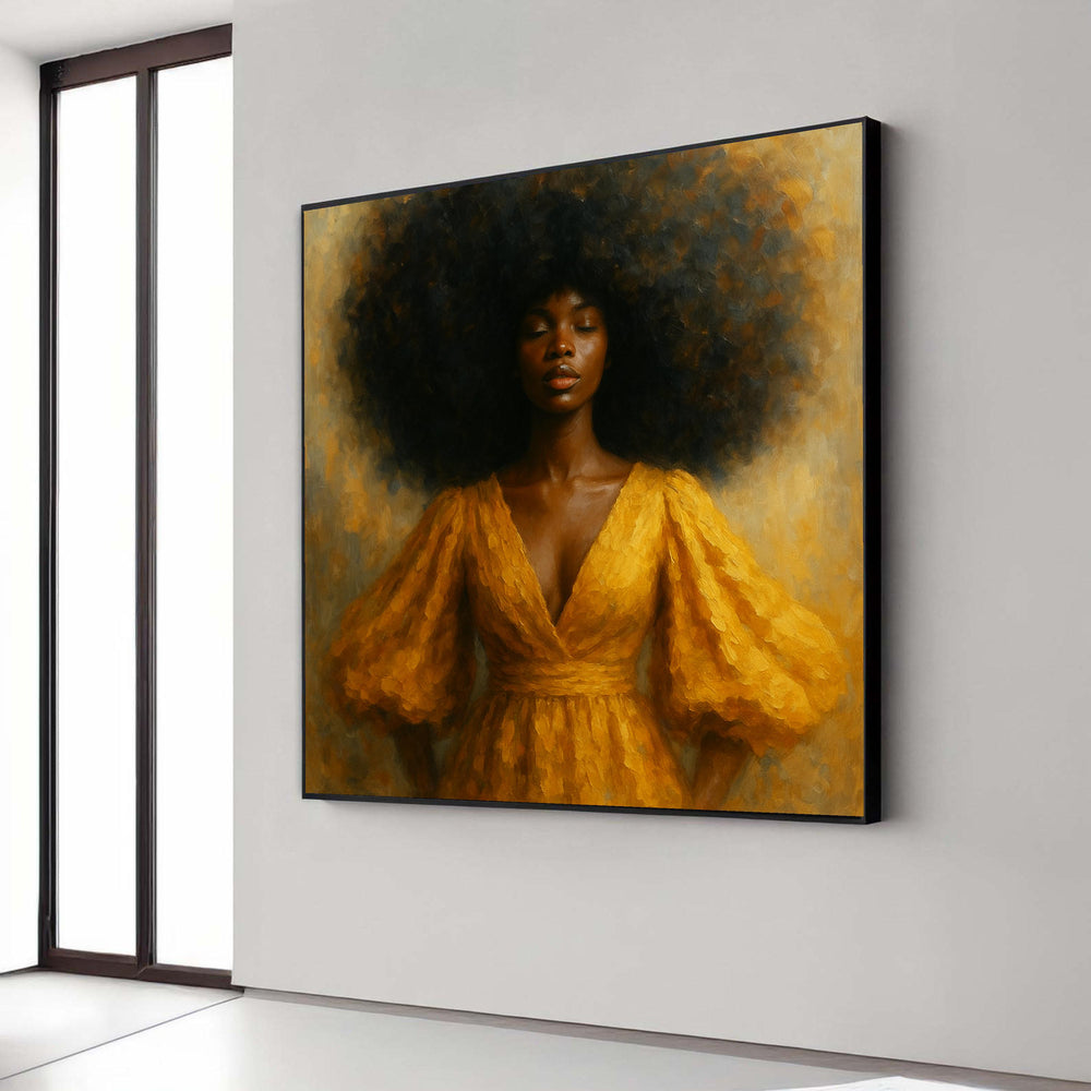 Elegant Woman in Yellow Dress Canvas Wall Art, Afro Hair Portrait Painting, Modern Feminine Home Decor, Oil Style Gift Art, Home Decor
