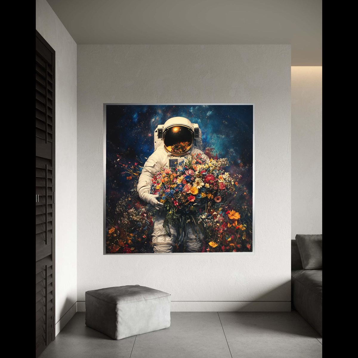 Astronaut Holding Vibrant Flowers, Space Floral Canvas Wall Art, Surreal Cosmos Painting, Colorful Bouquet Decoration, Gift Art, Home Decor