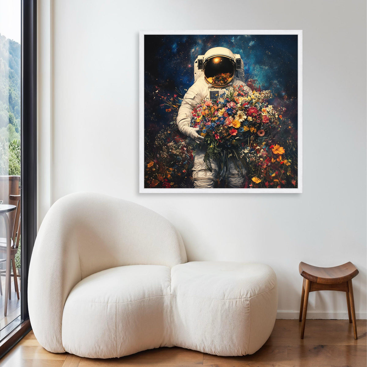 Astronaut Holding Vibrant Flowers, Space Floral Canvas Wall Art, Surreal Cosmos Painting, Colorful Bouquet Decoration, Gift Art, Home Decor