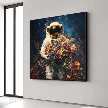 Astronaut Holding Vibrant Flowers, Space Floral Canvas Wall Art, Surreal Cosmos Painting, Colorful Bouquet Decoration, Gift Art, Home Decor