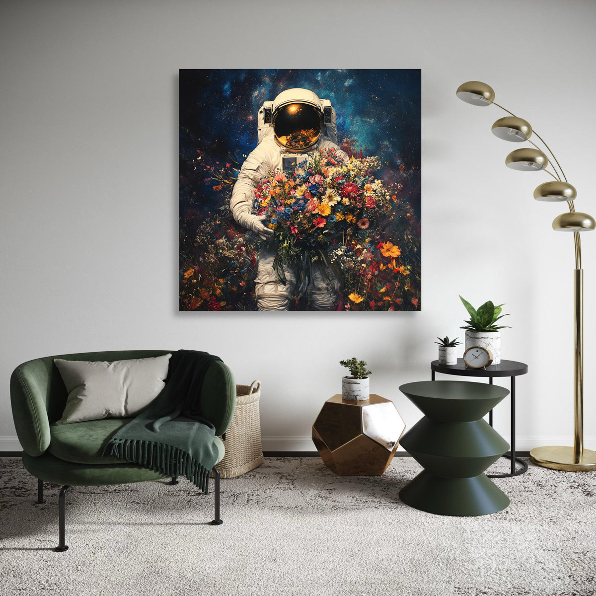 Astronaut Holding Vibrant Flowers, Space Floral Canvas Wall Art, Surreal Cosmos Painting, Colorful Bouquet Decoration, Gift Art, Home Decor