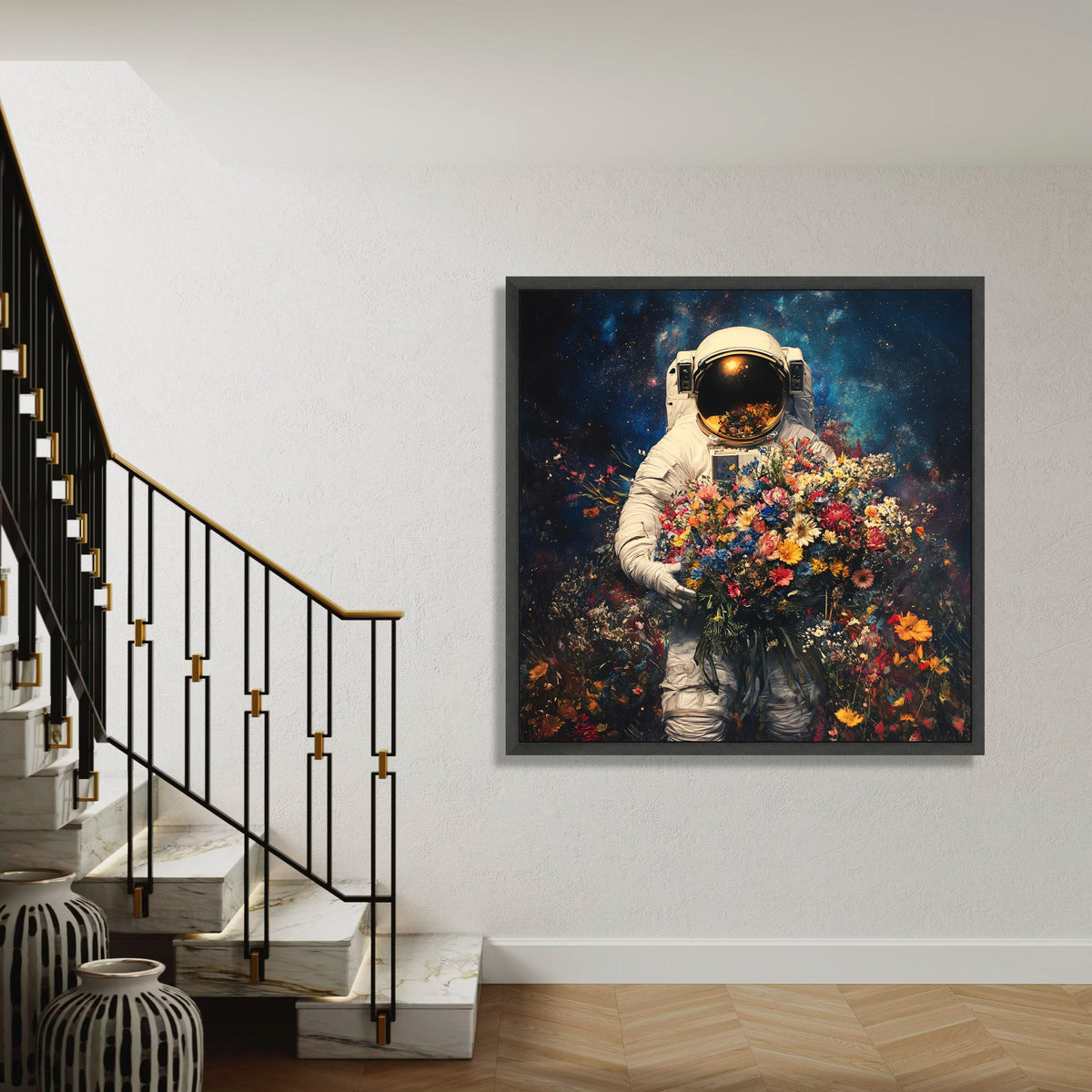 Astronaut Holding Vibrant Flowers, Space Floral Canvas Wall Art, Surreal Cosmos Painting, Colorful Bouquet Decoration, Gift Art, Home Decor